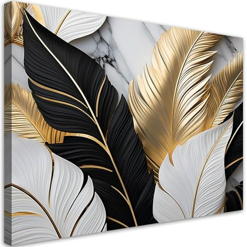 Feeby Viles - Leinwand Bilder - Goldene Blätter Marmor - 60x40 cm - Deko Wohnzimmer - Wandbilder Schlafzimmer - Deko Aesthetic - Wand Deko - Leinwand Groß - Deko Zimmer - Leinwandbilder XXL