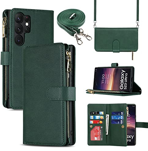 CAVOR Handykette Handyhülle Kompatibel mit Samsung Galaxy S23 Ultra Hülle Mit Band,Flip Leder Geldbörse Handytasche,[9 Kartenfach][Mit Kette],Umhängeband Klapphülle - Dunkelgrün
