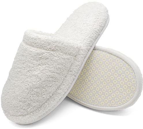jazzylab Badepantoletten aus Frottee – Gäste-Pantoffeln aus 100% Baumwolle mit Memory Foam, Duschschlappen & Slipper für Sauna, Hotel & Spa, waschbar, rutschfest - Weiß, 38-42, WH-1