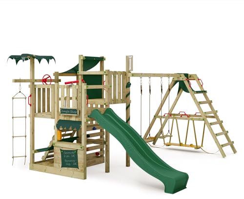 FATMOOSE Spielturm Klettergerüst CrazyCoconut Club XXL mit Surfanbau, grüner Rutsche & Plane, Outdoor Kinder Kletterturm mit Sandkasten, Leiter & Spiel-Zubehör für den Garten