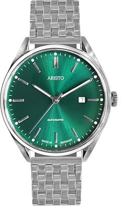 Aristo Klassik Herrenuhr - markantes Edelstahlgehäuse 43 mm – Smaragdgrünes Zifferblatt - kratzfestes Saphirglas - Automatikwerk - Edelstahl-Metallarmband - Made in Germany
