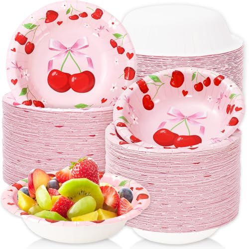 Whaline 100Pcs Cherry Bow Paper Bowls Pink Bowknot Red Cherry Disposable Serving Bowls Cute Ice Cream Bowl for Birthday Baby Shower Party Supplies
