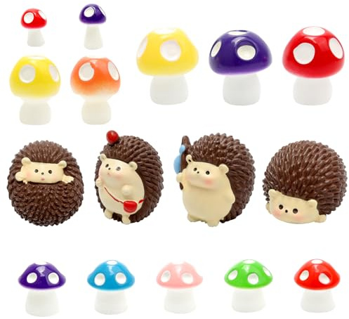 Yoicn Lth 16 Pack Fairy Garden Accessories Outdoor, Miniature Cute Resin Hedgehog and Mushroom Figurines, Fairy Garden Accessories for Plant Pots, Terrariums