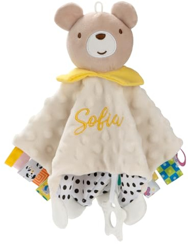 SIMYJOY Schnuffeltuch Baby Schmusetuch mit Namen Weiches Babydecke Personalisiert Babygeschenke für Neugeborene Beige Bär