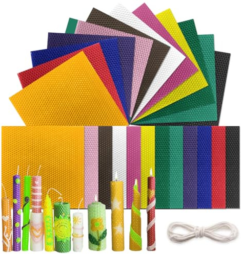 Bienenwachsblätter zur Kerzenherstellung 24 Stück, Bienenwachsplatten mit 24 Baumwolldocht, 20x20cm Bienenwachs-Kerzen Selber Machen, Bienenwachskerzen-DIY-Kit für Erwachsene und Kinder, 12 Farben