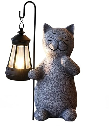 Statuec de Jardin Exterieur d'Chaton, Chat Decoration Statue Jardin Exterieur avec Lampe Solaire Figurine, Figurine d'extérieur Grise Résistante Aux Intempéries, Cadeau Unique pour Femme/Homme, A