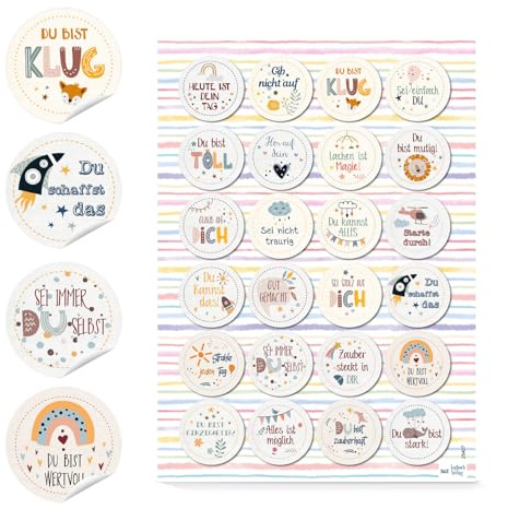 Motivationsaufkleber Kinder 24 Stück – runde Affirmations-Sticker mit positiven Sprüchen für Schule, 4 cm, für Lehrer & Eltern zur Stärkung – Logbuch-Verlag