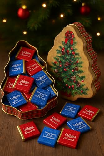 Scatola in Latta Natalizia a Forma di Albero con 250g di Cioccolatini Assortiti, Idea Regalo Elegante e Originale per Natale, Confezione Dolciaria Riutilizzabile con Tegolini o Napolitains Misti