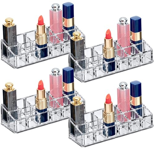 Ntwoiee 4 Pack 12 Slot Acrylic Lipstick Organizer, Lipstick Holder, Lip Gloss Holder, Cosmetic Storage Display, Perfect Storage Solution for Drawer and Vanity (Slot Size: 0.9 x 0.9)