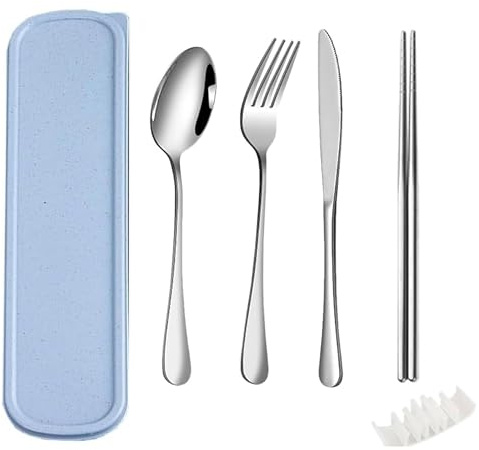 QZLSAYSL 7-Piece Travel Cutlery Set, Reusable Stainless Steel Flatware with Storage Box, Includes Knife, Spoon, Fork, Chopsticks and Stand, Suitable for School, Travel, Camping (Blue)