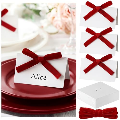 Resurhang 120 Set Velvet Bow Place Cards for Table Setting 3.5''x 2'' Table Name Cards with Velvet Ribbons Bow Placecards for Weddings Bridal Dinner Baby Shower Party Event Decor(Red)