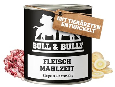 Hundefutter Nass 800g Fleischmahlzeit Ziege mit Pastinake | Tierärzten entwickeltes Hunde Nassfutter Premium Wet Dog Food mit 91% Fleischanteil für aktive Hunde von BULL & BULLY