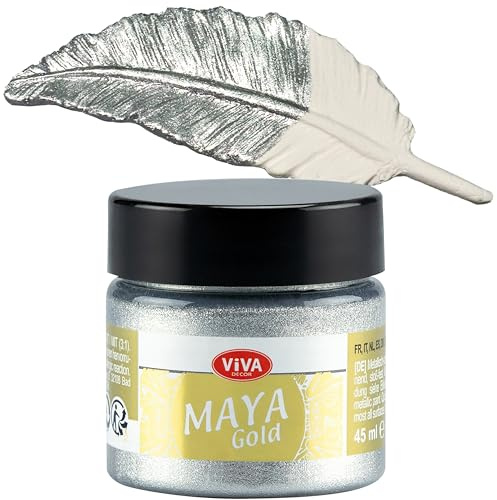 Viva Decor Maya Gold 45ml (Silber) - Metallic-Acrylfarbe für kreative Werke auf Holz, Glas und Porzellan. Stoßfest, wischfest und wetterfest für glänzende Metall- / Metallic Effekte