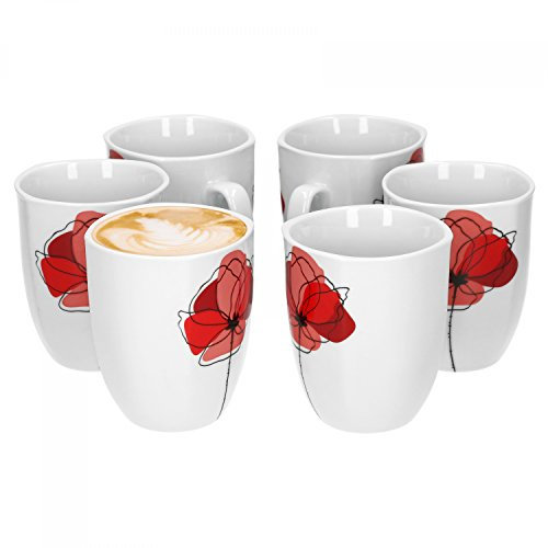 Van Well 6er Set Kaffeebecher Monika | 300-350 ml | 85 x 85 mm | Jumbo-Tasse | XL-Kaffeetasse | Kaffee-Pott | Mohn-Blume | edles Porzellan-Geschirr | Gastro