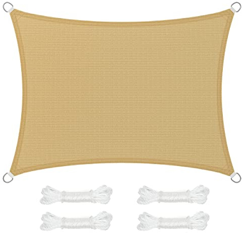 SONGMICS Voile d’Ombrage 3 x 4 m, Protection Solaire en Tissu HDPE, Respirant, Perméable à l’Eau, pour Terrasse, Jardin, Balcon, Camping, Rectangulaire, Concave, Cordes de 2 m, Jaune Sable GSS34EYV1