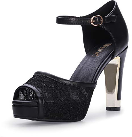 IDIFU Women's IN4 Mary Platform Chunky High Heels Sandals Peep Toe Dress Wedding Bridal Shoes for Women Bride Bridesmaid (Black, 9 M US)