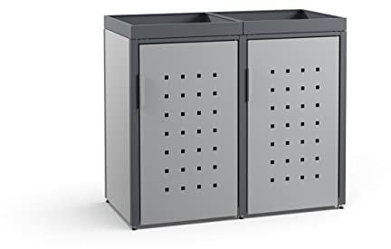 MEISTERBOX – 2er Mülltonnenbox Mülltonnenverkleidung mit Pflanzdach - 240L - Korpus Signalgrau/Pfosten & Dach Anthrazit