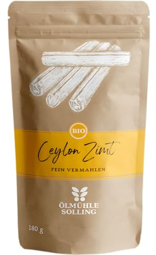 ÖLMÜHLE SOLLING - BIO Ceylon Zimt | Ceylon Zimtpulver aus kontrolliert biologischem Anbau | Zimtpulver fein vermahlen aus ganzen Zimtstangen. Ideal zu Müsli, Milchreis, Gebäck uvm. | Inhalt: 180 g