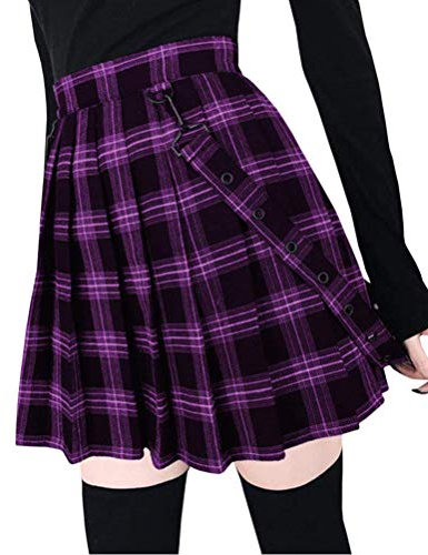 Minetom Damen Herbst Winter Elegant Kariert Faltenrock Tartan Bedruckt Hohe Bund Stretch Mini Skater Doppelt Spitzen Rock Plissee Stil B Violett L