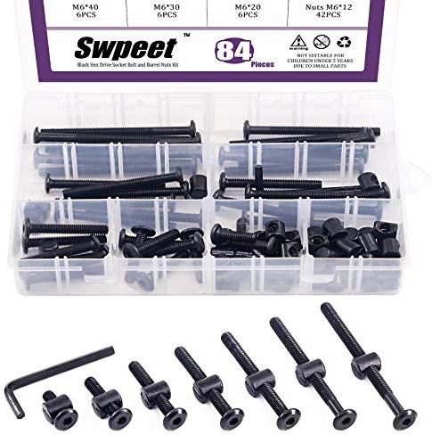 Swpeet Juego de tornillos para cuna, 120 unidades, color negro, M6 × 20/30/40/50/60/70/80 mm, cabeza hexagonal, perno de cuna y tuercas de barril con 1 llave Allen, cunas, tornillos de cuna.