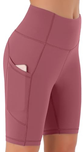 JOYSPELS Cycling Shorts Women with Pockets High Waisted Non See Through Womens Activewear Shorts for Gym Workout Running Yoga Sport Exercise UK Dull Red M