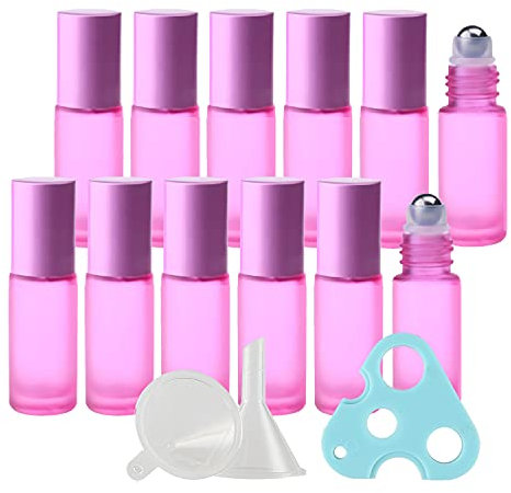 TIANZD 12 Stück Leere 5ml Matt Rosa Glas Roller Flaschen mit Alu Schraubverschluss, Roll-On Glasflaschen mit Glasroller für Ätherische Öle Essential Oil mit Trichter Öffner