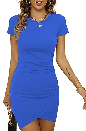Laughido con Pliegues Manga Corta Vestido Moda Vestidos Casuales Mini con Frunce Fruncido Vestido (Azul, X-Peque?o)