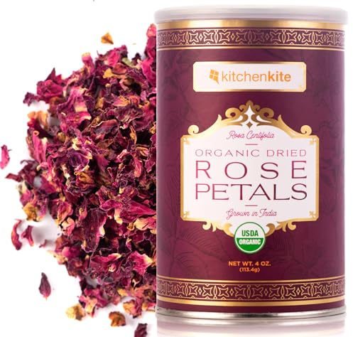 Organic Dried Red Rose Petals 4oz - Food Grade Organic Edible Rose Petal, Caffeine-free, Non-GMO, Herbal Tea - Use in Beverages, Foods, Baking, Soap-making, Crafting