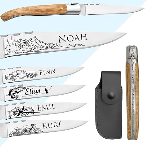 KDO MAGIC Couteau personnalisé - Lame avec prénom gravé - Manche en bois de frêne - Idée Cadeau - Cadeau pour homme, fête des pères, papa, grands pères, tonton, parrain, anniversaire, noël