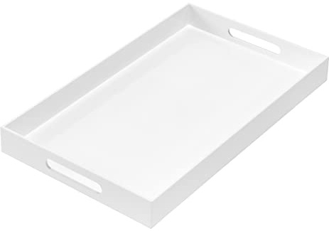 MUKEEN Glossy White Sturdy Acrylic Serving Tray with Handles 12x20x2H Inches -Spill Proof- Decorative Trays Countertop Organizer for Ottoman Coffee Table Nightstand, sidetable, Breakfast, Tea, Food