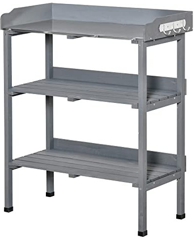 Outsunny Pflanztisch Gärtnertisch Blumentisch mit Metall Arbeitsfläche Garten Holz Grau 76 x 37 x 89 cm