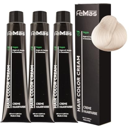 FemMas Haarfarbe 3x Extra Platinblond Perl Asch 12.81 I Creme Haarfarbe mit Arganöl, Keratin & Ceramiden I dauerthafte Haarfärbung oder Tönung für strahlende Farbergebnisse I 100 ml