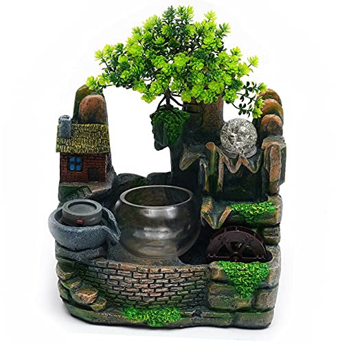 Zerstäubung Steingarten Tisch Wasserbrunnen Feng Shui LED Lampe Zimmerbrunnen mit LED-Licht und Pumpe für Home Office Café Dekor