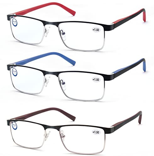 MODFANS 3er-Pack Lesebrille Herren Damen Blaulichtfilter Metallrahmen Rechteck Stil Edelstahl Material