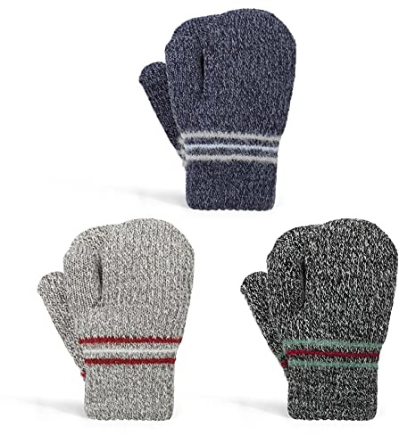 TAGVO Boys Girls Winter Knitted Mittens 3 Pairs,Toddler Magic Stretch Mittens Thick Plush Lined, Winter Boys Girls Knitted Gloves Warm Fluffy Full Finger Gloves Cold Weather Ski Gloves for 3-7Y