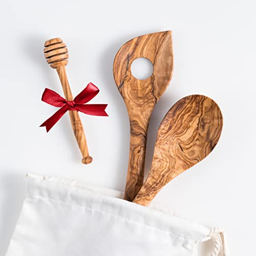 Darido Olivenholz Kochlöffel 2er Set mit extra Honigrührer - ca. 30 cm - handgefertigt - hitzefest und kratzfest - Küchenutensilien - Holzlöffel, Risottolöffel und Honigrührer