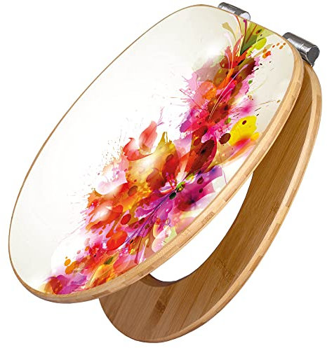 banjado Design WC Sitz Bambus Absenkautomatik 45,8x37,5cm / Toilettendeckel mit Absenkautomatik Holz/hochwertiger Bambus Klodeckel/WC-Sitz für gängigen Toiletten/Motiv Pink Explosion