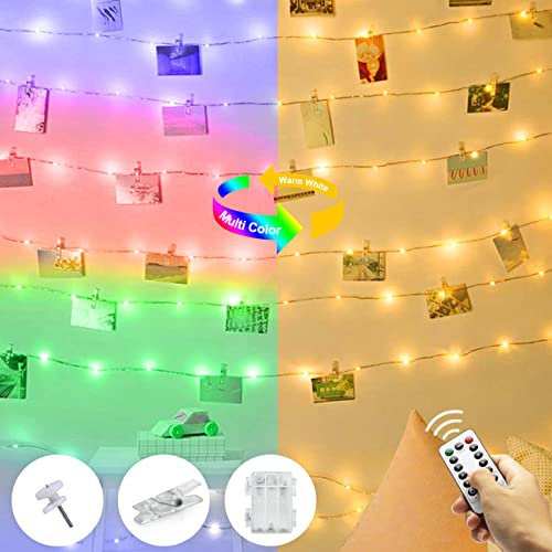 litogo Color Changing Photo Clip String Lights with Remote, 10M 100 LED Battery Peg Fairy Lights, Hanging Picture Decoration for Indoor Bedroom Wedding Party Christmas(Warm White & Multicolor)