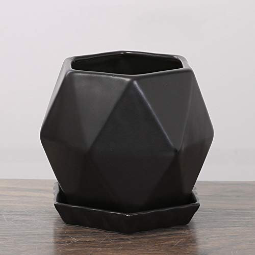 Mini-Keramik-Blumentopf für Zuhause und Büro, dekorativer Behälter, Keramik-Sukkulenten-Kaktus-Pflanztopf mit Bambus-Tablett-Packung, nordischer Stil, Kaktus-Keramiktopf (Color : Black, Size : 8.5 *