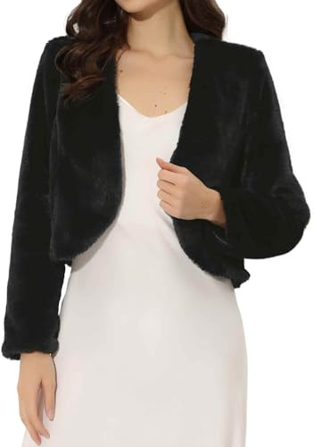 Allegra K Chaqueta Recortada para Mujer Abrigo de Invierno Bolero de Manga Larga con Frente Abierto de Piel Sintética Negro M