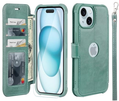 VANAVAGY Wallet Case for iPhone 15 6.1 Inch,Forest Green | PU Leather Flip Folio,Slim,12ft Drop Protection,RFID Blocking Card Holder,Kickstand,Wrist Strap,Includes Screen Protector
