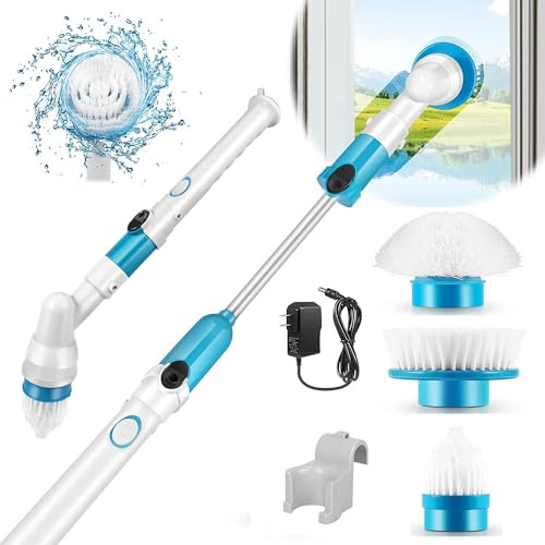 BTERDA Electric Spin Scrubber,Cordless Power Tub and Tile Scrubber,3 Replaceable Plastic Cleaner Scrubber Brush Head,45-Inch Extension Arm Ideal for Tub,Tile,Floor,Toilet,Grout,Baseboard Cleaning Tool