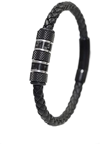 David Galvani ® |Handmade Premium Armband für Herren in Schwarz aus Leder| Beads aus Edelstahl und Carbon Kohlenstoff |21cm Lederarmband Schmuck für Männer (Schwarz, 23)