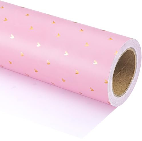 Holijolly Reversible Valentinstag Geschenkpapier - Mini-Rolle - 43 CM×10 M - Rosa mit Goldfolie Liebe Herz Design für Hochzeit, Jahrestag, Geburtstag, Urlaub, Party