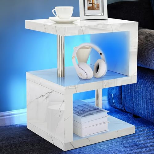 Blisswood High Gloss Coffee Table Small Side table With Storage Shelves, 2 Tier Sofa End Table with Led RGB Lights Ractangle S Shape Coffee Tables For Living Room Furniture (White Marble)