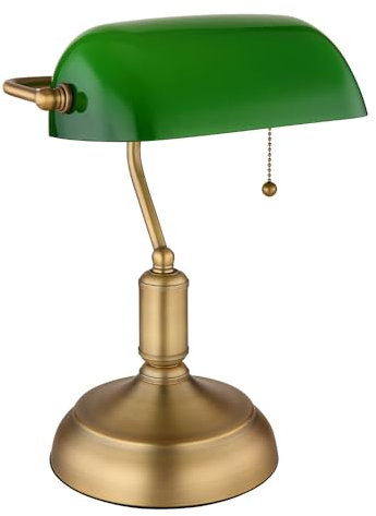 Schreibtischleuchte Bankerlampe Tischlampe altmessing Glas grün Leseleuchte, Schirm schwenkbar, Zugschalter, 1x E27 Fassung, LxH 26,5x36 cm