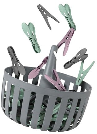 30 Wäscheklammern mit Korb zum Aufhängen - Made in EU - stabiles Körbchen Ø19x10cm für Wäscheklammern, robuste Klammern zum trocknen, Kunststoff (PP)