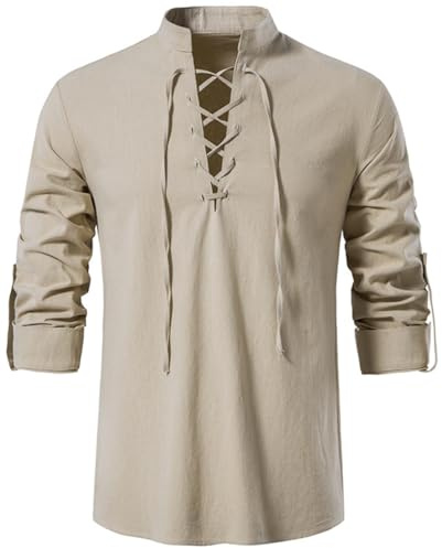 PADOLA Chemise Homme Médiévale Chemise Lin à Lacets Steampunk Chemise Manches Longues Viking Costume Médiévale Déguisement Halloween Homme Unicolore Pirate Shirt Henley Shirt (2XL, 0 Beige)