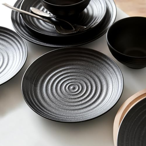 Melamine Dinnerware Sets for 4,12Pcs Plate and Bowl Set, Lightweight Dish Set for Camping,RV and BBQ, Dishwasher Safe,BPA free(Black)