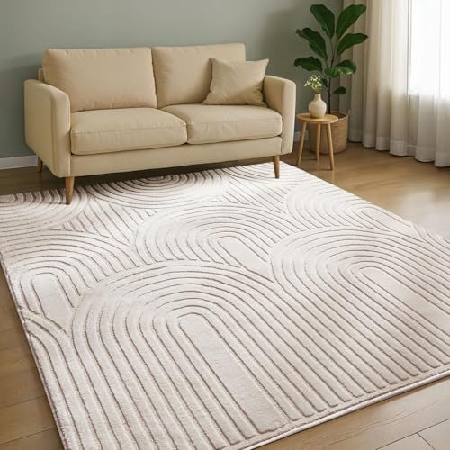 benuta Basic Teppich Claire - Creme 120x170 cm - Minimalistischer Wohnzimmerteppich im Geometrischen Retro-Stil - Pflegeleicht - Fußbodenheizung Geeignet